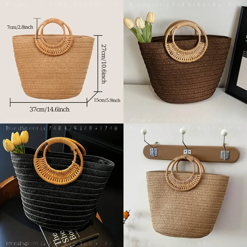 Women'S Bags Handbags - กระเป๋าถือสตรีสำหรับฤดูร้อน ทำจากกระดาษสาน ความจุขนาดใหญ่ สีพื้น พร้อมหูจับไม้ทรงกลม เหมาะสำหรับชายหาด