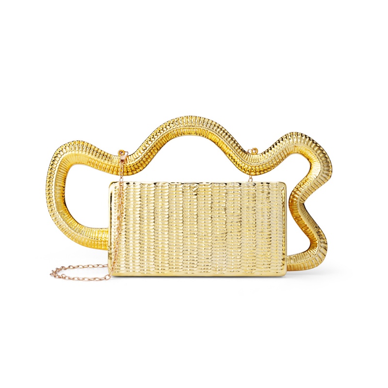 Women Bags Golden - กระเป๋าถืออะคริลิคแฟชั่นปี 2026 หูจับลายงู กระเป๋าทรงกล่องสีพื้นอเนกประสงค์ กระเป๋าสะพายข้าง กระเป๋าออกงานสีทองหรูหราสไตล์เรโทร