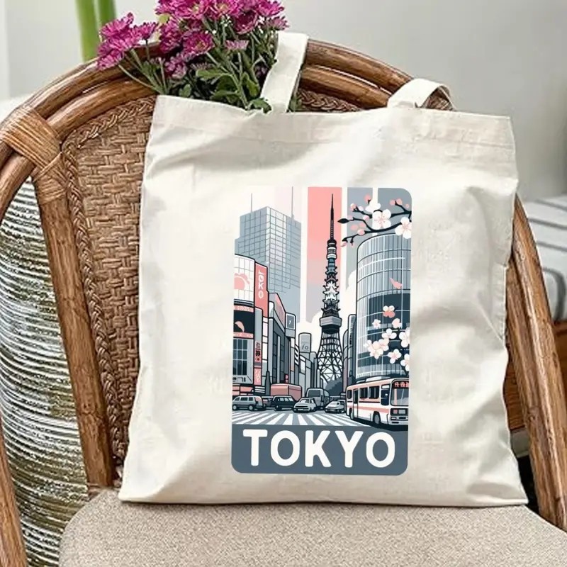 Women'S Japanese Bags - กระเป๋าผ้าแคนวาสลายทิวทัศน์เมืองโตเกียว - คอลเลกชันเอเชีย พิมพ์ลายสไตล์ญี่ปุ่น ทันสมัย เหมาะสำหรับใช้ในยิม