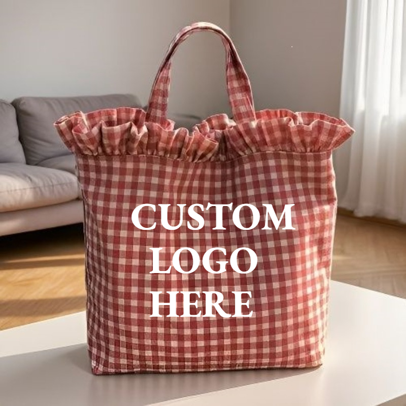 Women Bags Logo - กระเป๋าผ้าแคนวาสพิมพ์โลโก้ตามสั่ง กระเป๋าช้อปปิ้งลายสก็อตสำหรับผู้หญิง กระเป๋าโท้ทความจุเยอะ กระเป๋าถือน่ารัก กระเป๋าสะพายไหล่สำหรับสาวๆ