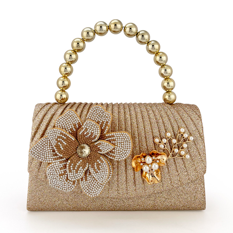 Women Bags Golden - กระเป๋าถือสำหรับงานเลี้ยงรูปดอกไม้ประดับเพชรแวววาวสีทอง, กระเป๋าถือประดับลูกปัดโลหะ, กระเป๋าสำหรับใส่ชุดเดรส