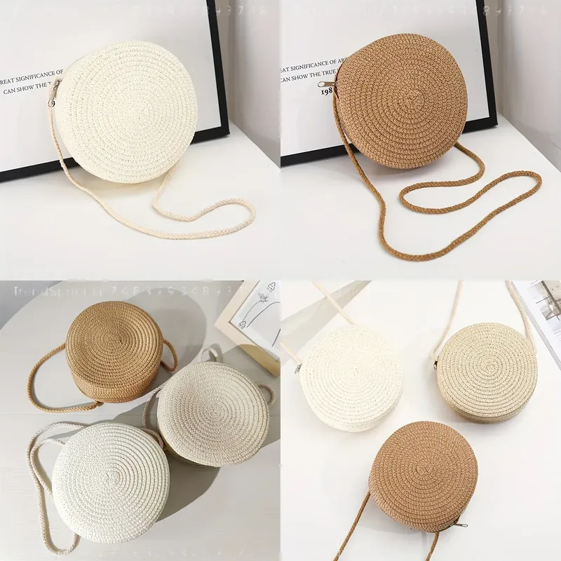 Women Bags And Purses - กระเป๋าสะพายข้างทรงกลมสานจากหวายสำหรับผู้หญิง ทำมือจากฟางถัก กระเป๋าสะพายไหล่ขนาดเล็กสำหรับชายหาด อุปกรณ์เสริมสำหรับวันหยุดฤดูร้อนแบบธรรมชาติ